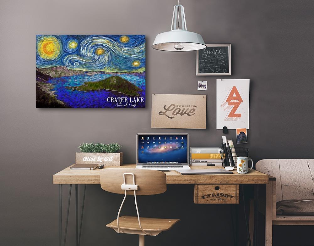 Crater Lake National Park, Starry Night National Park Series, Lantern Press Artwork, Stretched Canvas - Lantern Press