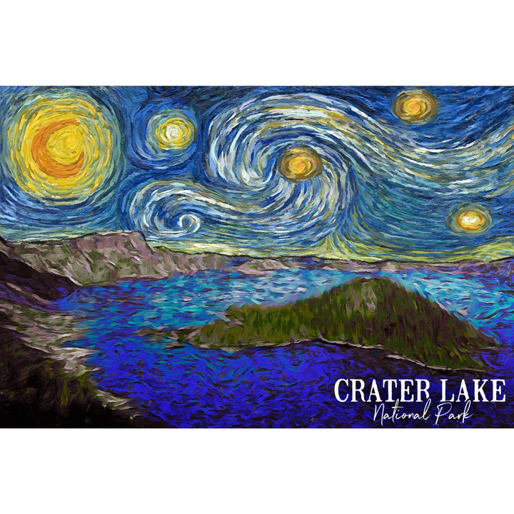 Crater Lake National Park, Starry Night National Park Series, Lantern Press Artwork, Stretched Canvas - Lantern Press