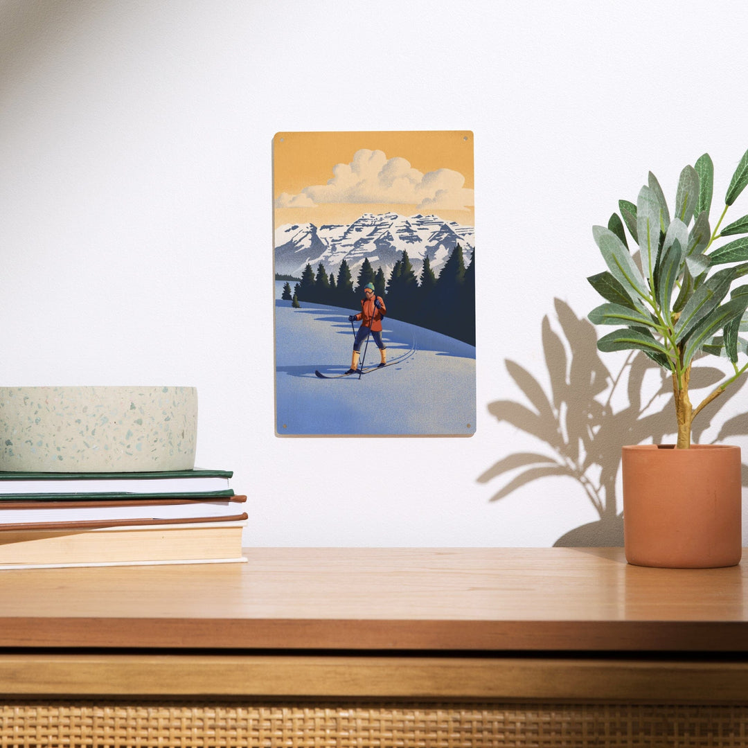 Cross Country Skier, Litho, Lantern Press Artwork, Wood Signs and Postcards - Lantern Press