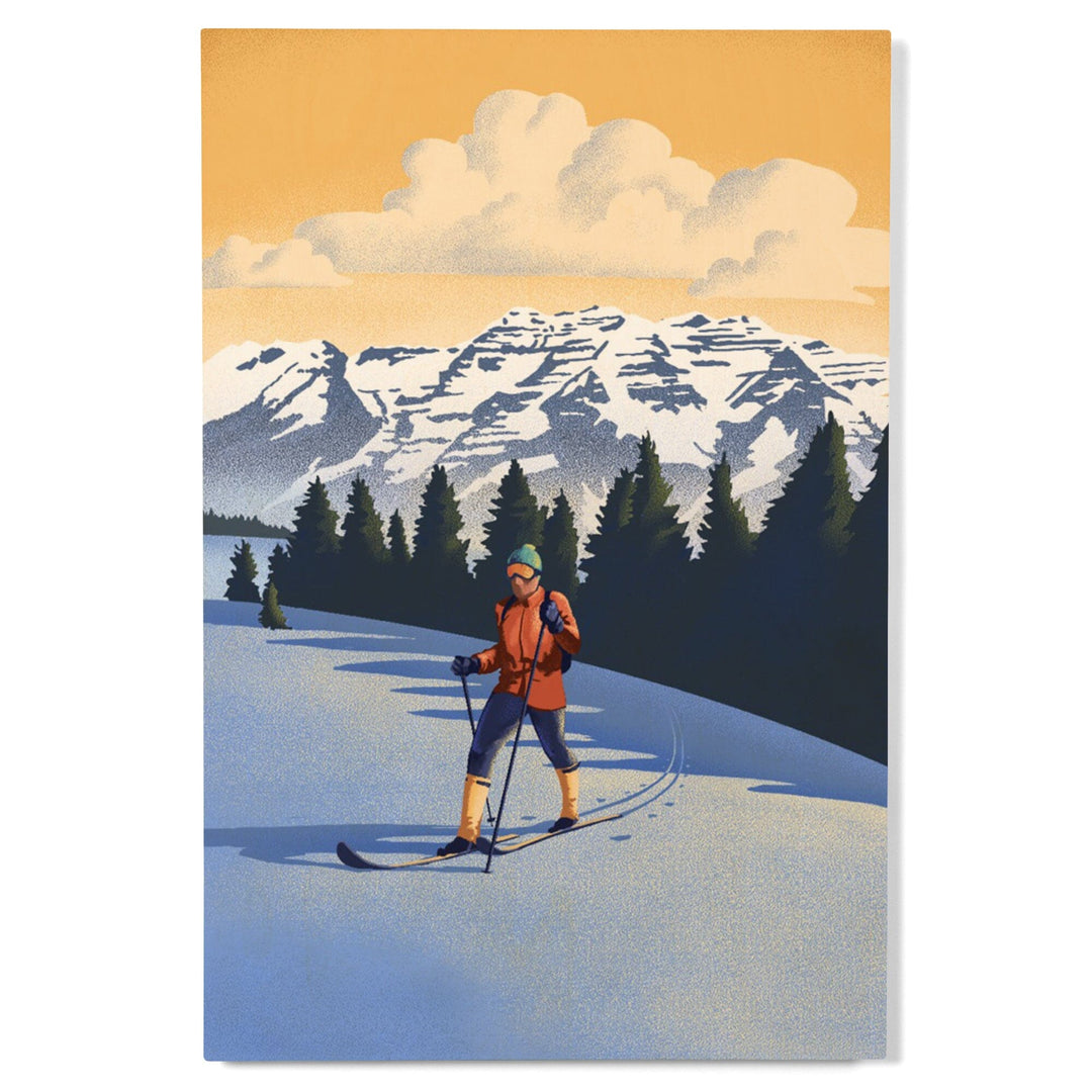Cross Country Skier, Litho, Lantern Press Artwork, Wood Signs and Postcards - Lantern Press