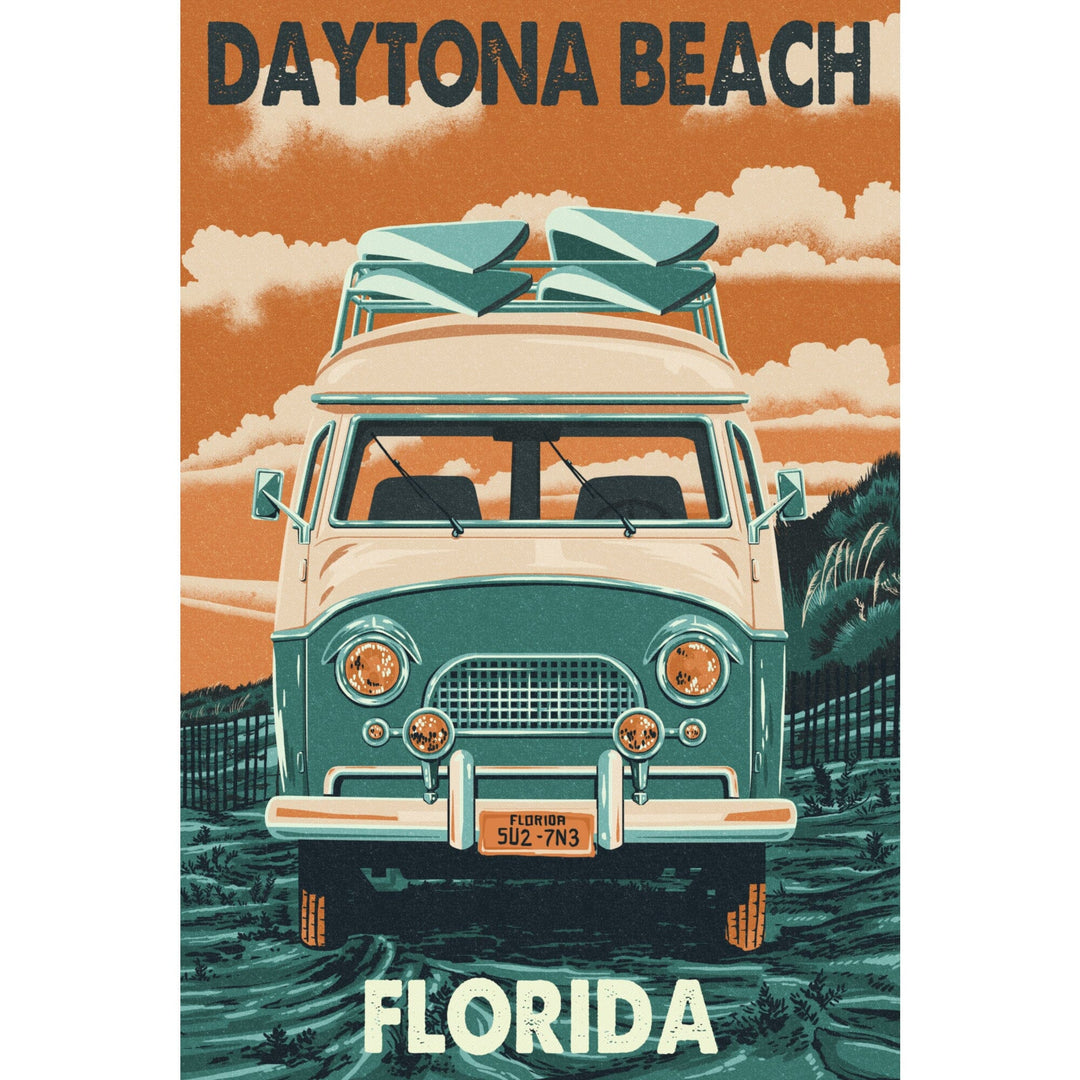 Daytona Beach, Florida, Letterpress, Camper Van, Lantern Press Artwork - Lantern Press