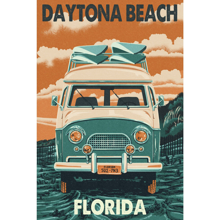 Daytona Beach, Florida, Letterpress, Camper Van, Lantern Press Artwork - Lantern Press