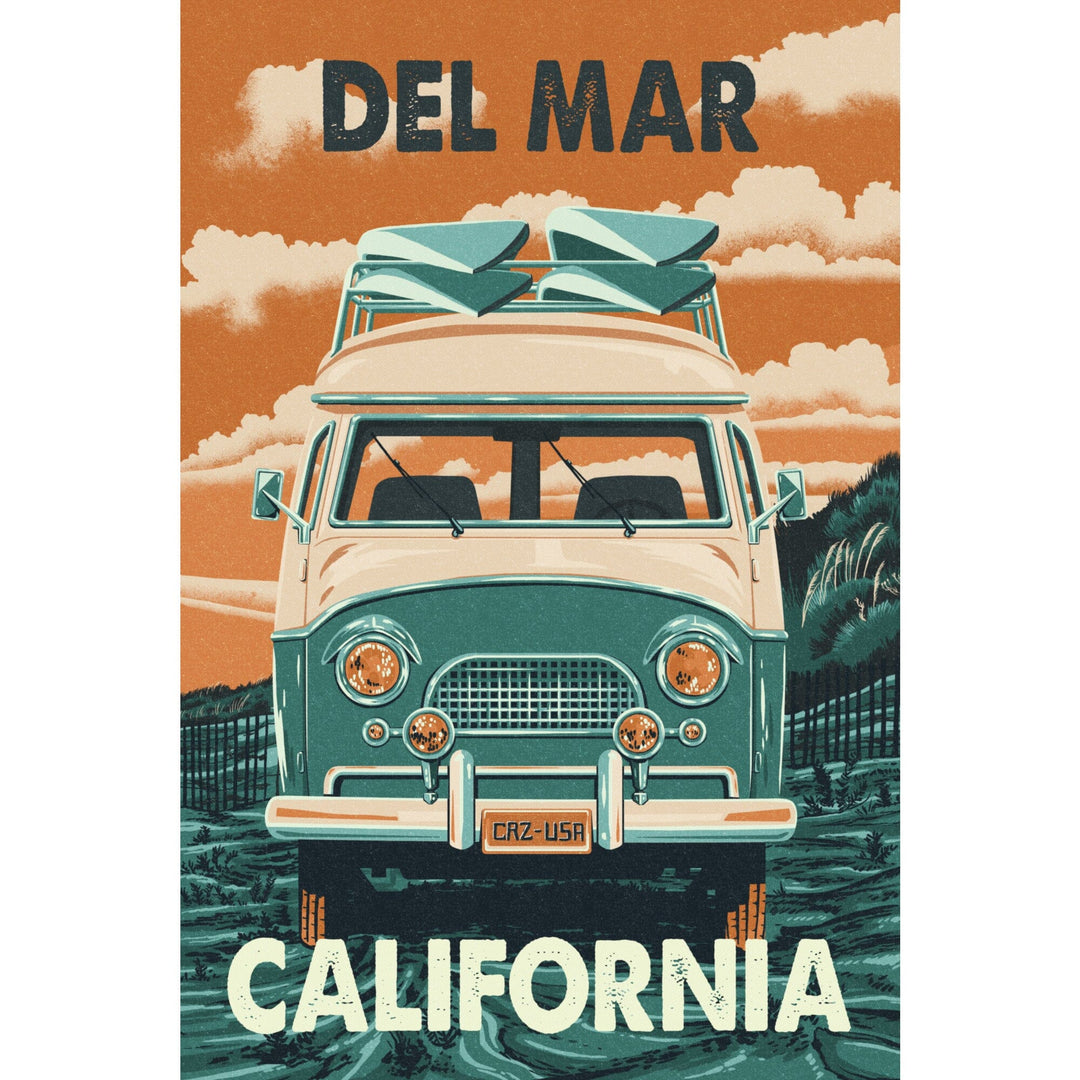 Del Mar, California, Letterpress, Camper Van, Beach, Lantern Press Artwork - Lantern Press