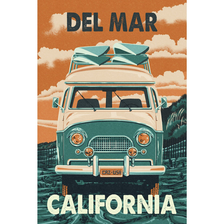 Del Mar, California, Letterpress, Camper Van, Beach, Lantern Press Artwork - Lantern Press