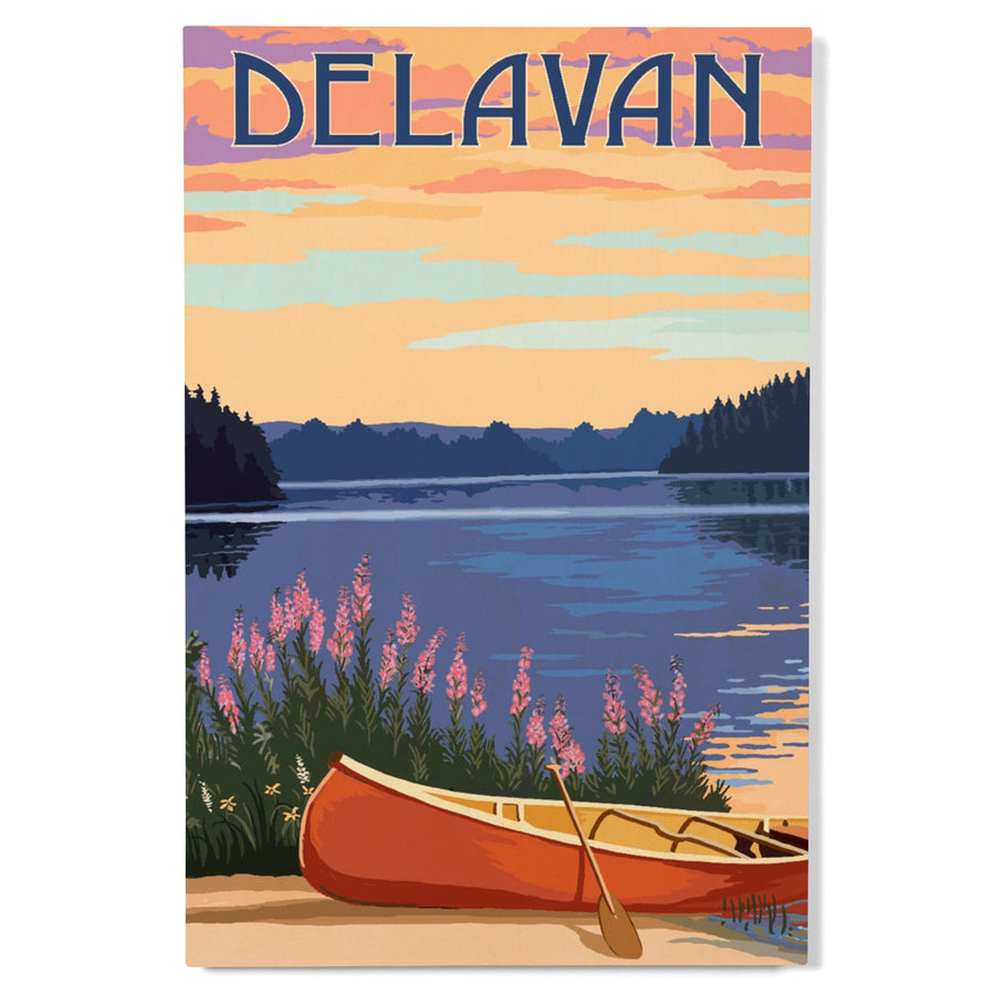 Delavan, Wisconsin, Canoe & Lake, Lantern Press Artwork, Wood Signs and Postcards - Lantern Press