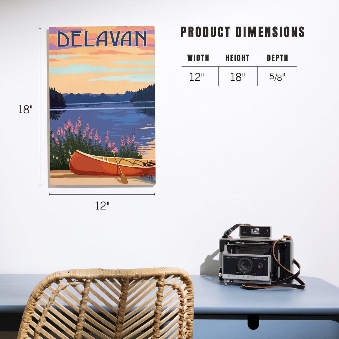 Delavan, Wisconsin, Canoe & Lake, Lantern Press Artwork, Wood Signs and Postcards - Lantern Press