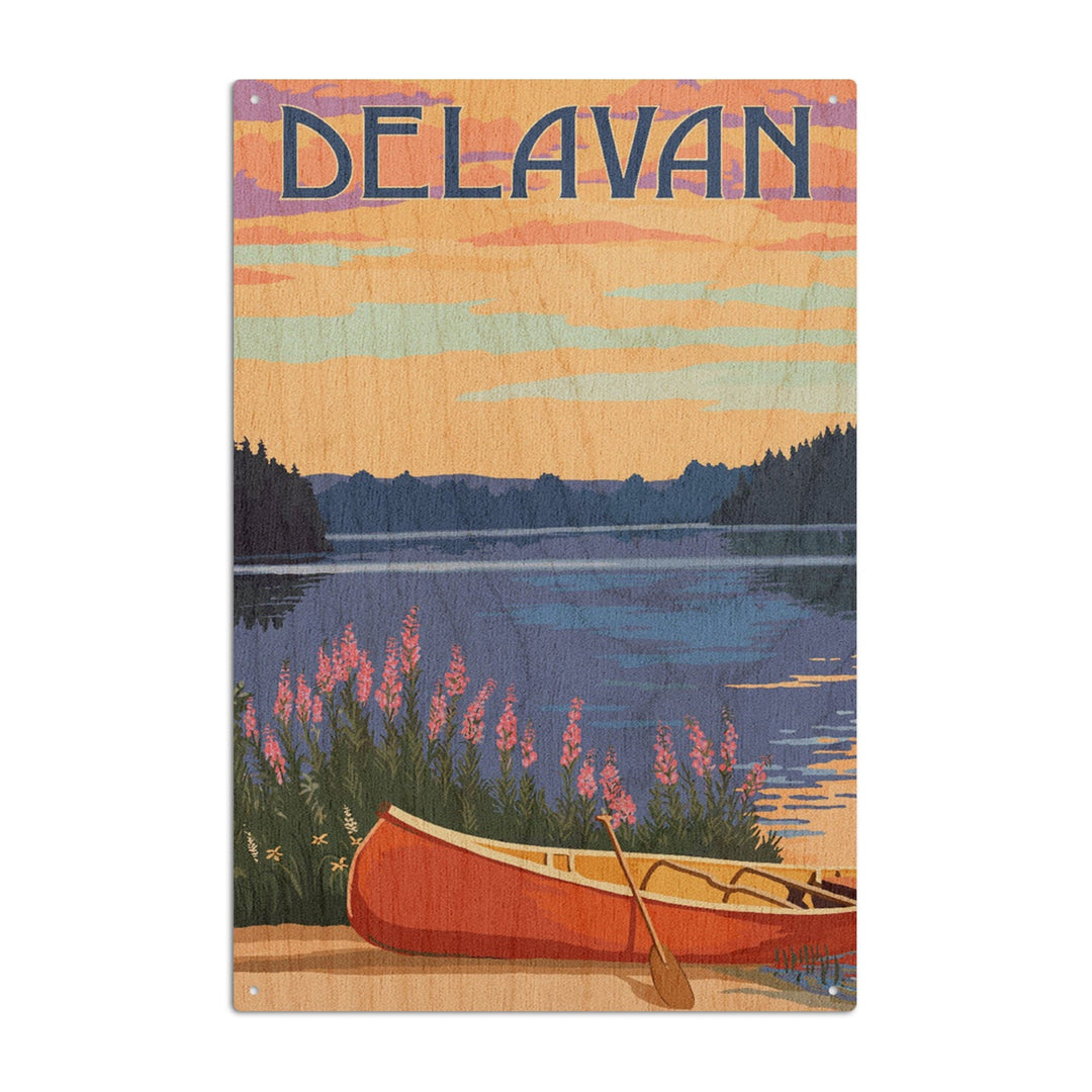Delavan, Wisconsin, Canoe & Lake, Lantern Press Artwork, Wood Signs and Postcards - Lantern Press
