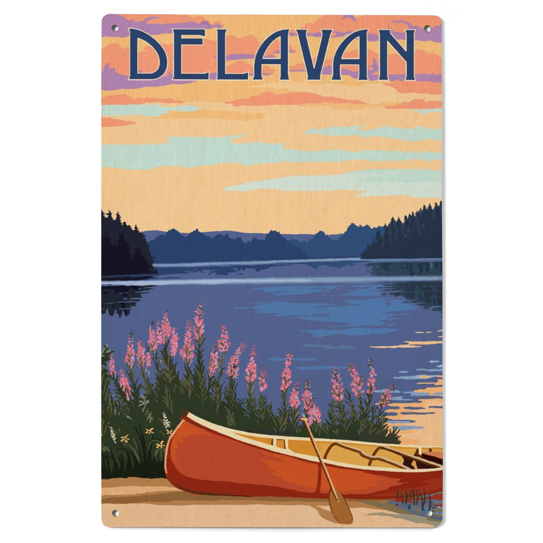 Delavan, Wisconsin, Canoe & Lake, Lantern Press Artwork, Wood Signs and Postcards - Lantern Press