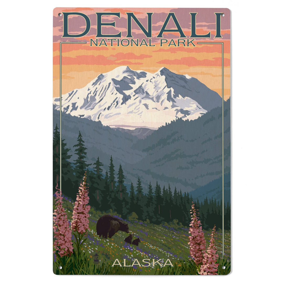 Denali National Park, Alaska, Bear and Cubs with Flowers, Lantern Press Artwork, Wood Signs and Postcards - Lantern Press