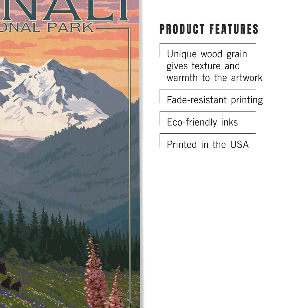 Denali National Park, Alaska, Bear and Cubs with Flowers, Lantern Press Artwork, Wood Signs and Postcards - Lantern Press