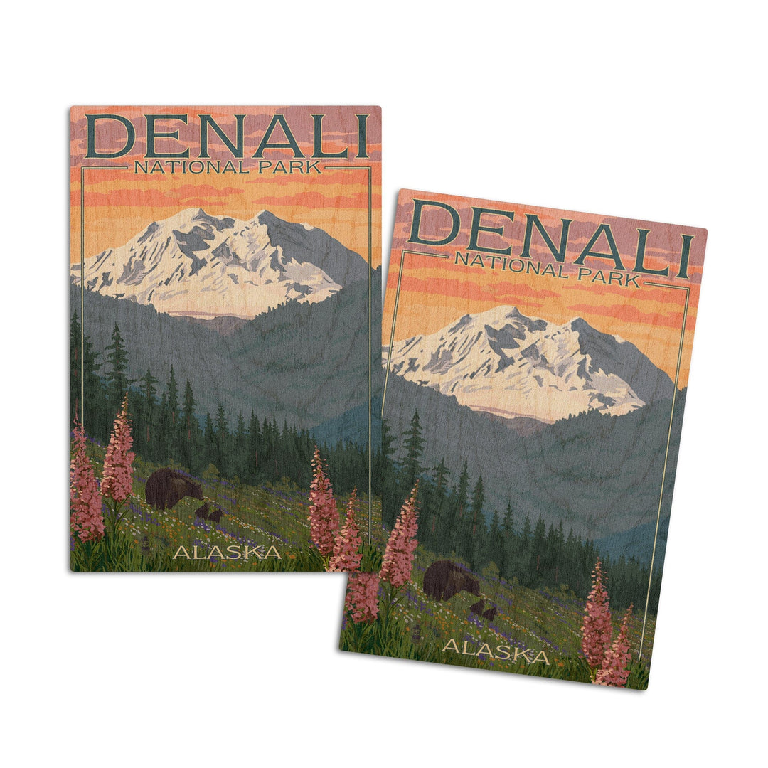 Denali National Park, Alaska, Bear and Cubs with Flowers, Lantern Press Artwork, Wood Signs and Postcards - Lantern Press