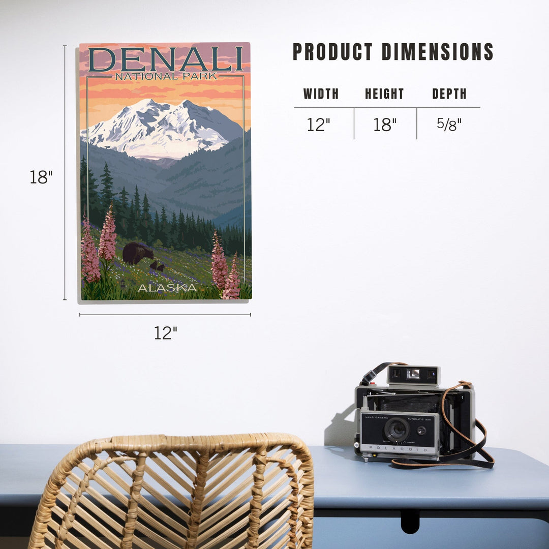 Denali National Park, Alaska, Bear and Cubs with Flowers, Lantern Press Artwork, Wood Signs and Postcards - Lantern Press