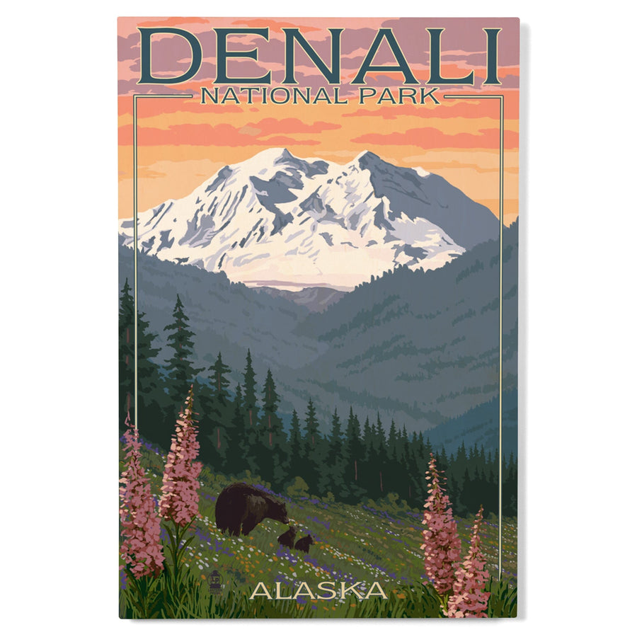 Denali National Park, Alaska, Bear and Cubs with Flowers, Lantern Press Artwork, Wood Signs and Postcards - Lantern Press