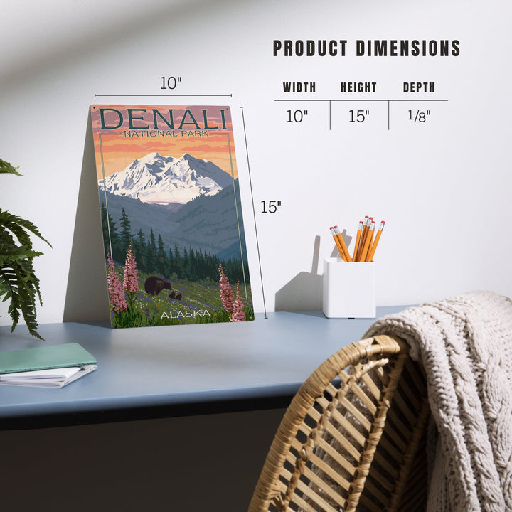 Denali National Park, Alaska, Bear and Cubs with Flowers, Lantern Press Artwork, Wood Signs and Postcards - Lantern Press