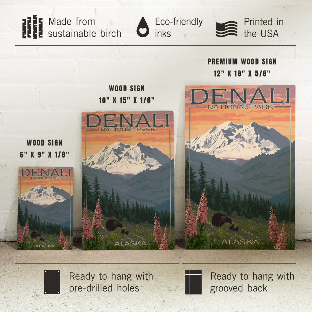 Denali National Park, Alaska, Bear and Cubs with Flowers, Lantern Press Artwork, Wood Signs and Postcards - Lantern Press