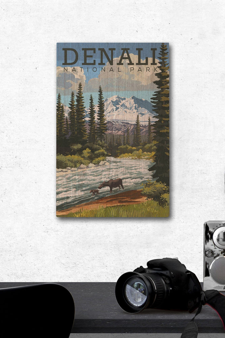 Denali National Park, Alaska, Moose and River Rapids, Lantern Press Artwork, Wood Signs and Postcards - Lantern Press