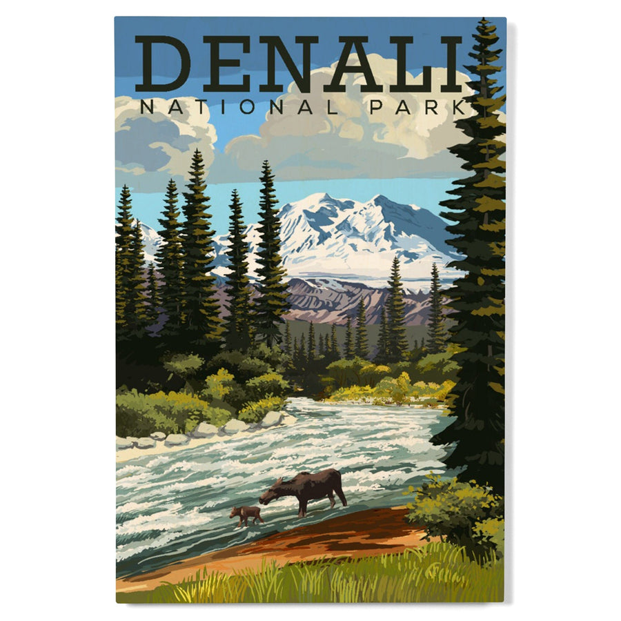 Denali National Park, Alaska, Moose and River Rapids, Lantern Press Artwork, Wood Signs and Postcards - Lantern Press