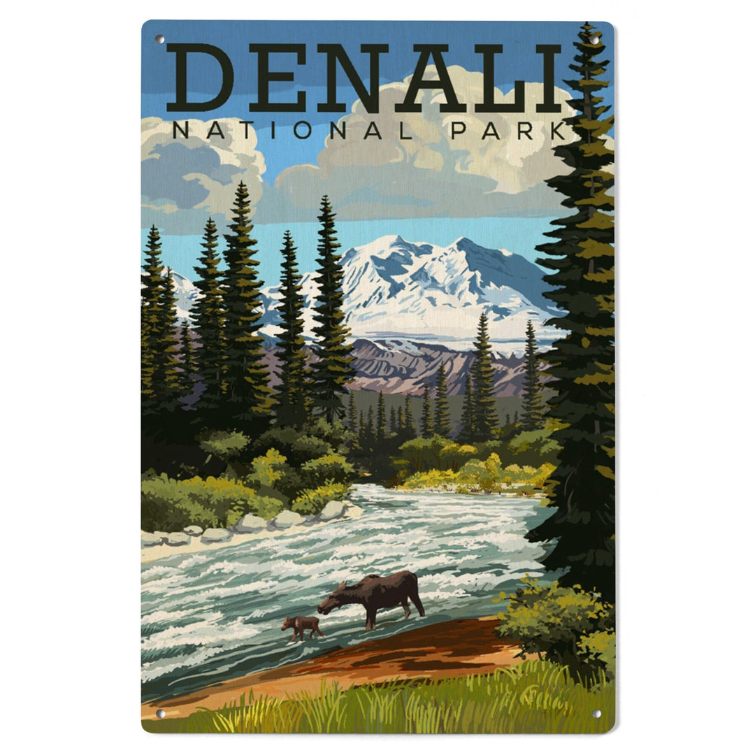Denali National Park, Alaska, Moose and River Rapids, Lantern Press Artwork, Wood Signs and Postcards - Lantern Press