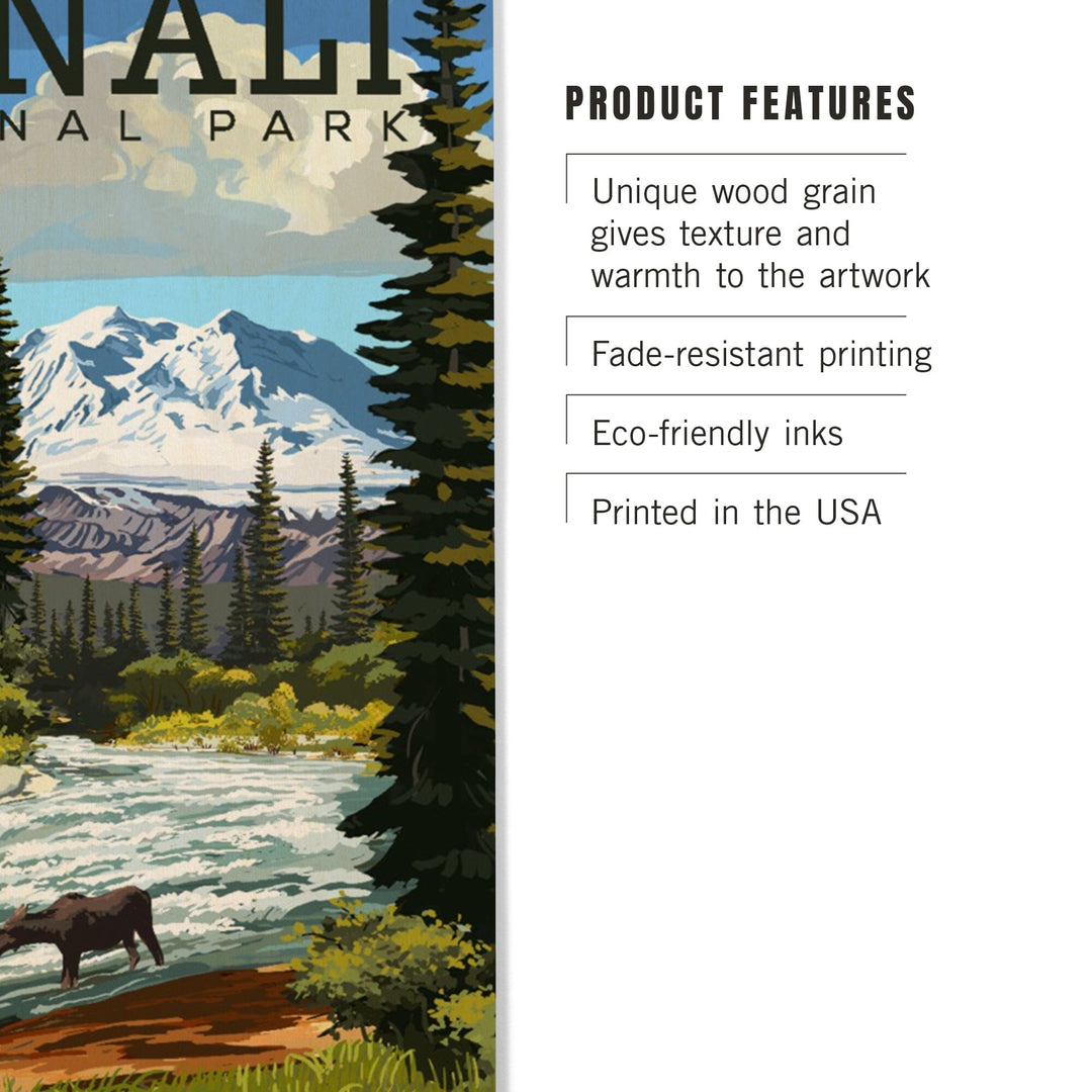 Denali National Park, Alaska, Moose and River Rapids, Lantern Press Artwork, Wood Signs and Postcards - Lantern Press