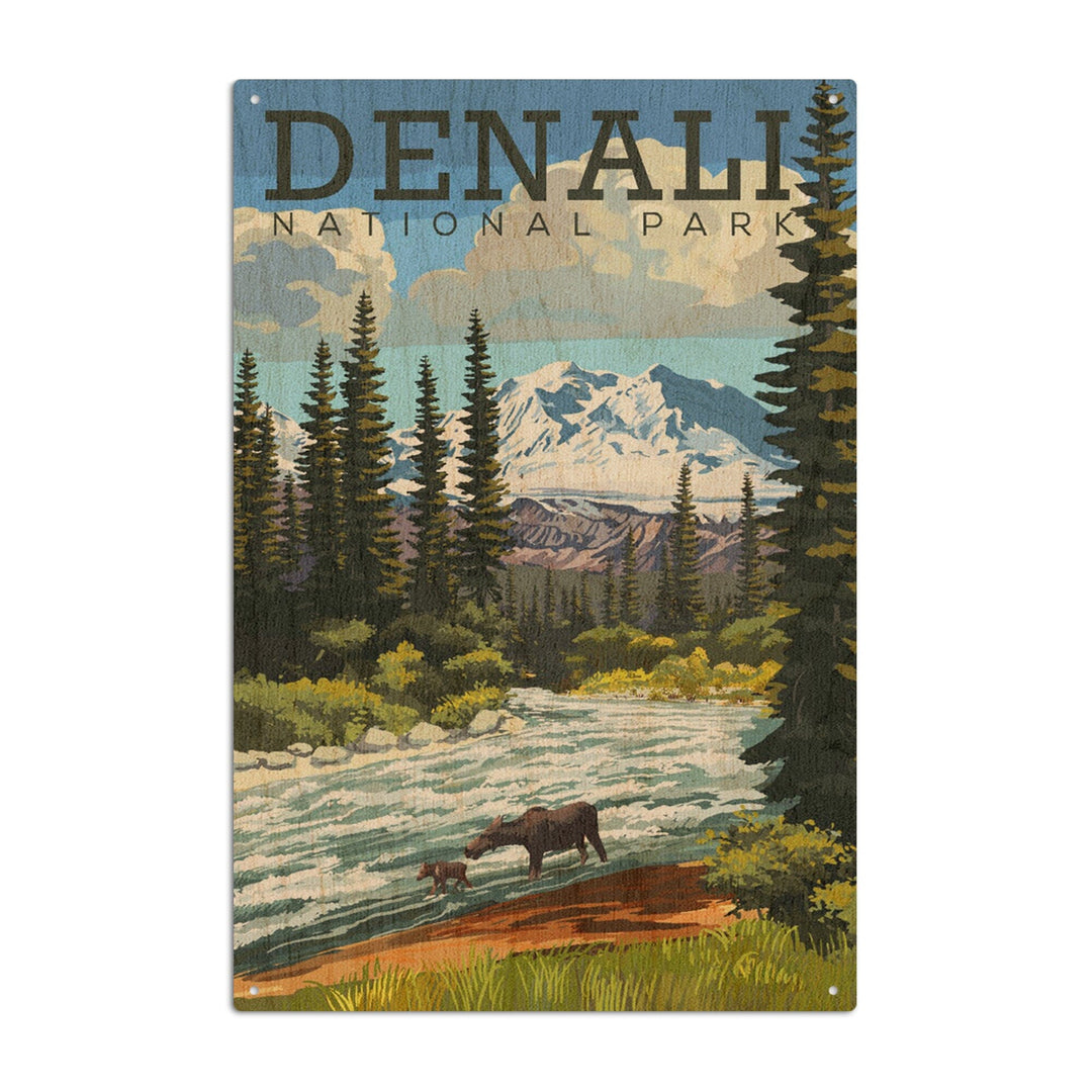 Denali National Park, Alaska, Moose and River Rapids, Lantern Press Artwork, Wood Signs and Postcards - Lantern Press