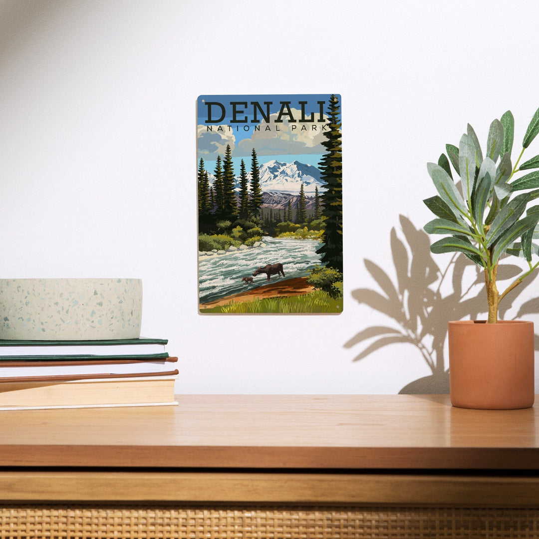 Denali National Park, Alaska, Moose and River Rapids, Lantern Press Artwork, Wood Signs and Postcards - Lantern Press