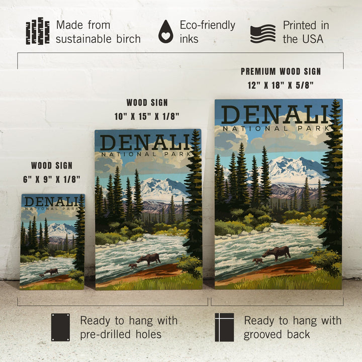 Denali National Park, Alaska, Moose and River Rapids, Lantern Press Artwork, Wood Signs and Postcards - Lantern Press