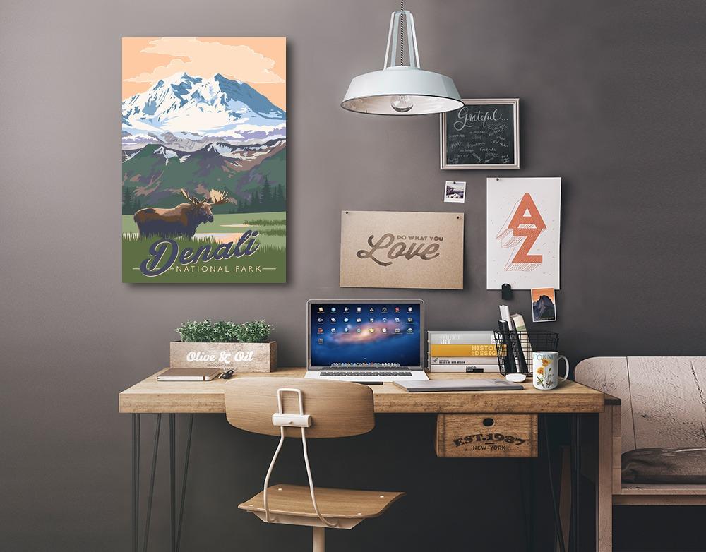 Denali National Park, Alaska, Moose & Mountains, Lantern Press Artwork, Stretched Canvas - Lantern Press
