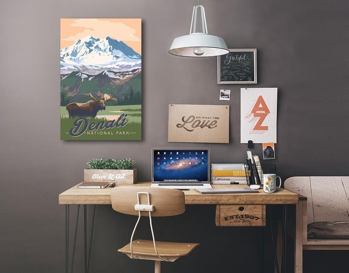 Denali National Park, Alaska, Moose & Mountains, Lantern Press Artwork, Stretched Canvas - Lantern Press