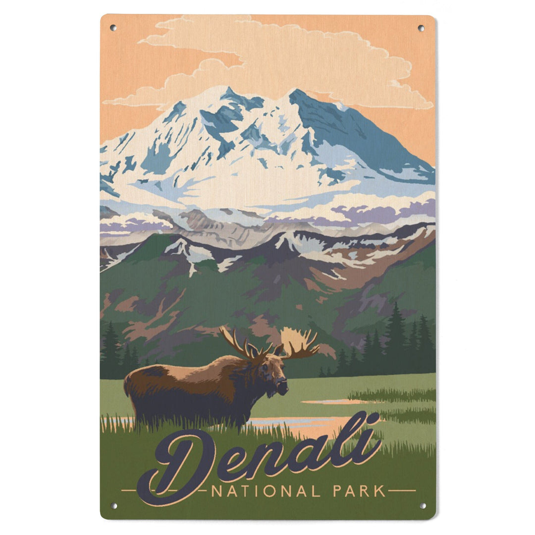 Denali National Park, Alaska, Moose & Mountains, Lantern Press Artwork, Wood Signs and Postcards - Lantern Press