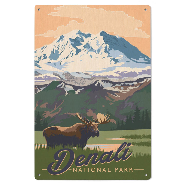 Denali National Park, Alaska, Moose & Mountains, Lantern Press Artwork, Wood Signs and Postcards - Lantern Press