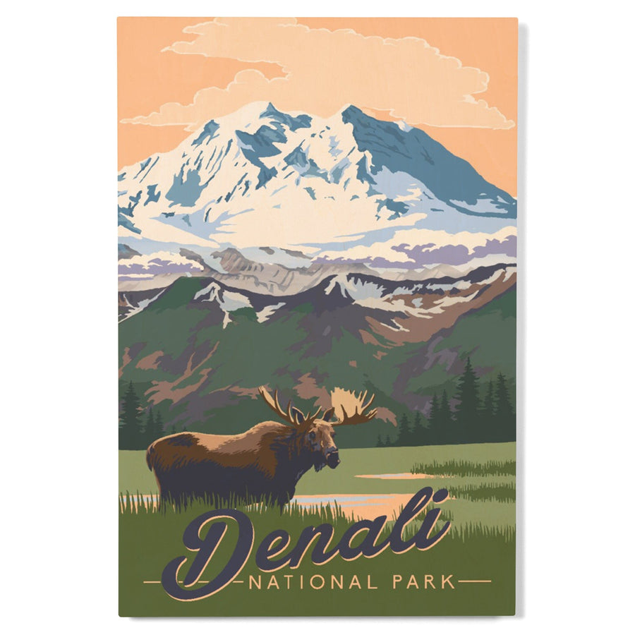 Denali National Park, Alaska, Moose & Mountains, Lantern Press Artwork, Wood Signs and Postcards - Lantern Press