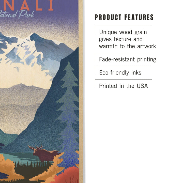 Denali National Park, Alaska, Mountain Scene, Lithograph, Lantern Press Artwork, Wood Signs and Postcards - Lantern Press