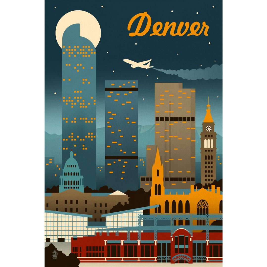 Denver, Colorado, Retro Skyline Classic Series, Organic Cotton Kitchen Tea Towels - Lantern Press