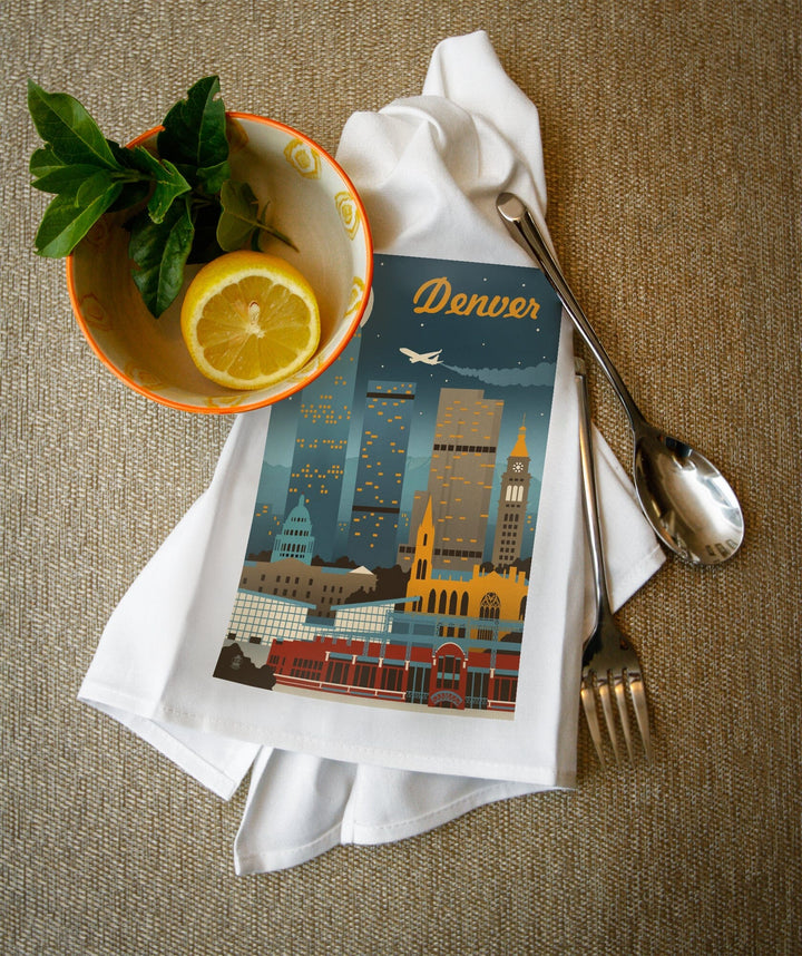 Denver, Colorado, Retro Skyline Classic Series, Organic Cotton Kitchen Tea Towels - Lantern Press