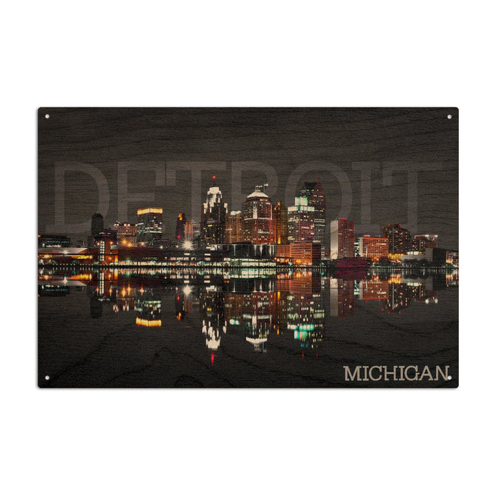 Detroit, Michigan, City at Night, Lantern Press Photography, Wood Signs and Postcards - Lantern Press