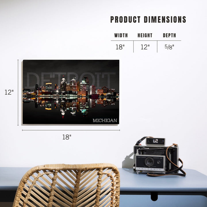 Detroit, Michigan, City at Night, Lantern Press Photography, Wood Signs and Postcards - Lantern Press