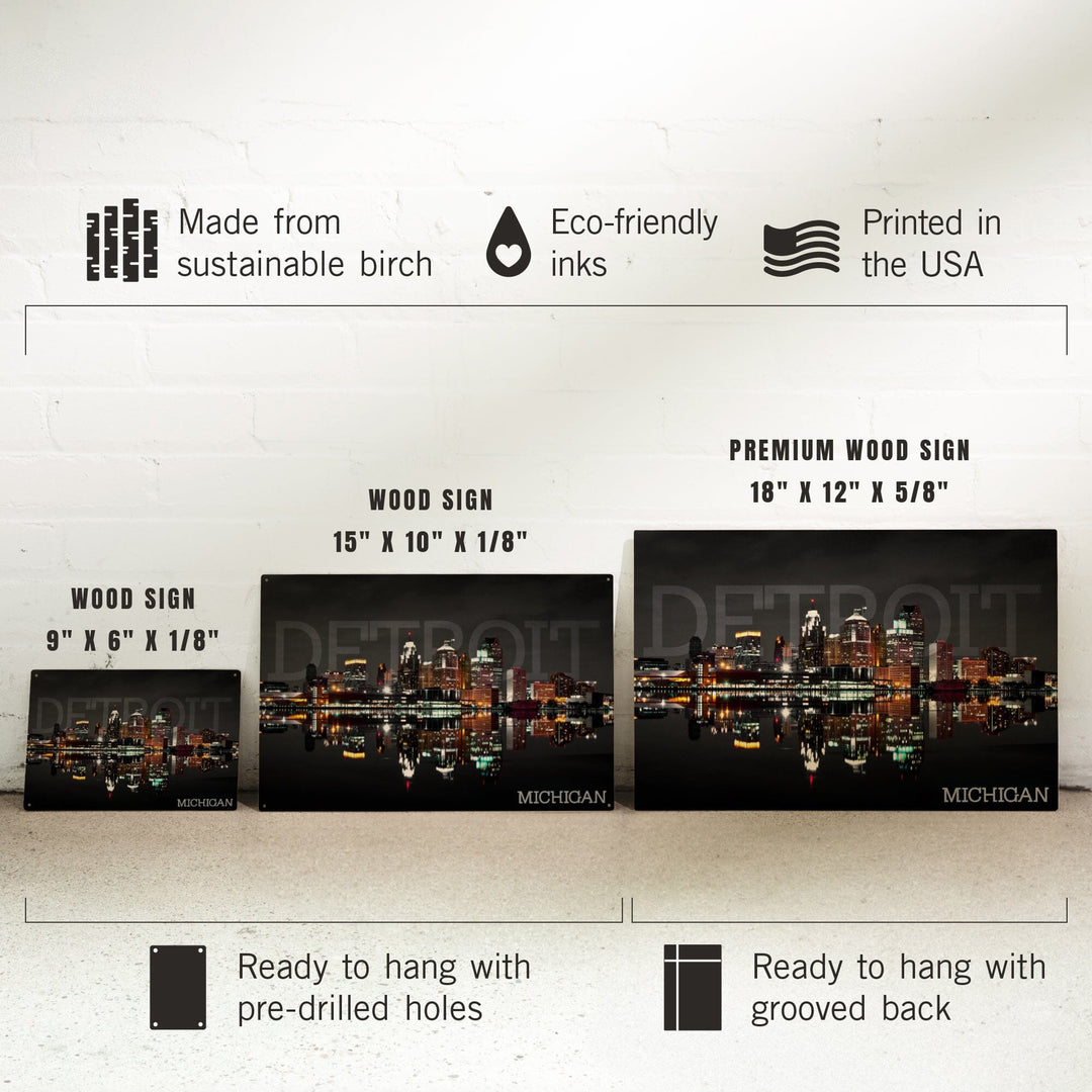 Detroit, Michigan, City at Night, Lantern Press Photography, Wood Signs and Postcards - Lantern Press