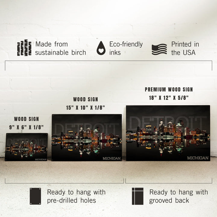 Detroit, Michigan, City at Night, Lantern Press Photography, Wood Signs and Postcards - Lantern Press