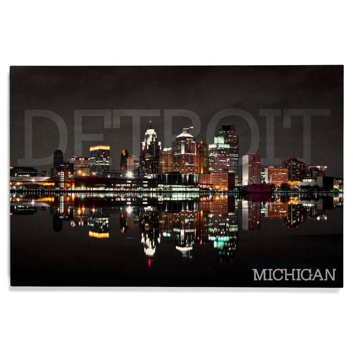 Detroit, Michigan, City at Night, Lantern Press Photography, Wood Signs and Postcards - Lantern Press