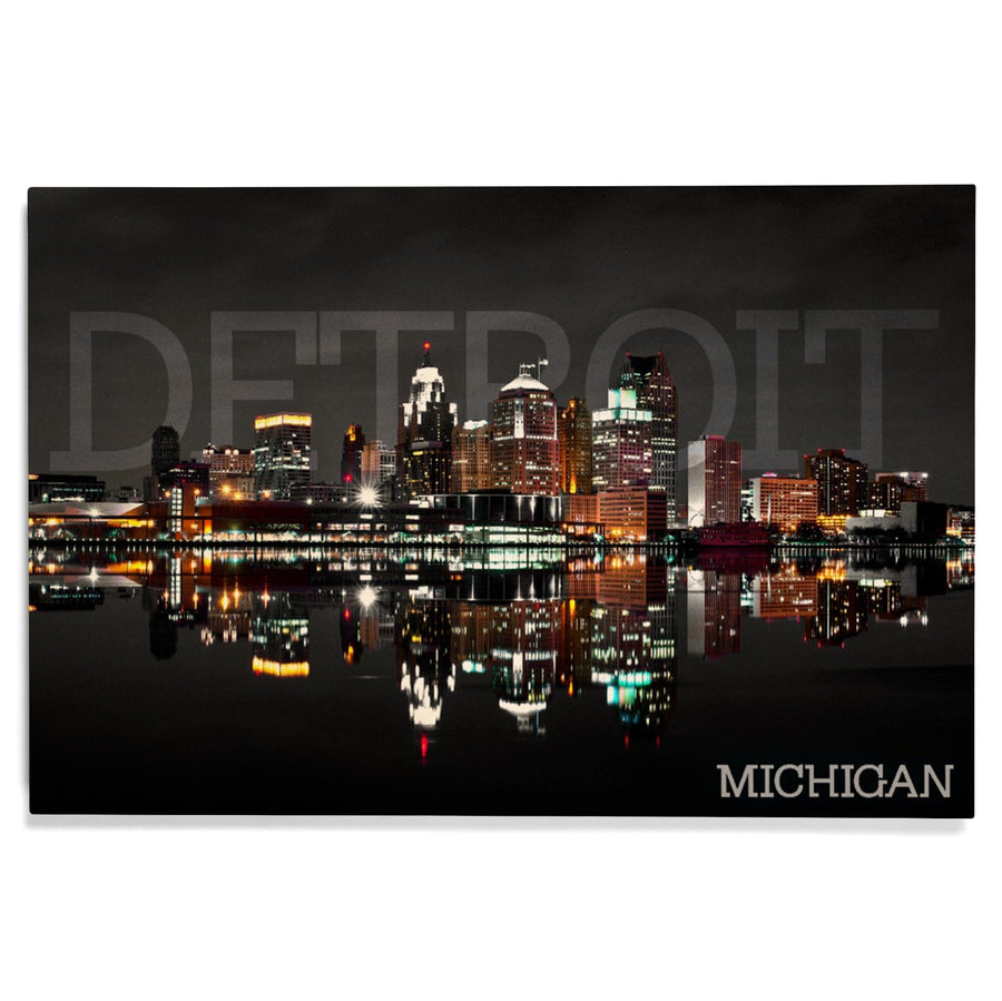 Detroit, Michigan, City at Night, Lantern Press Photography, Wood Signs and Postcards - Lantern Press