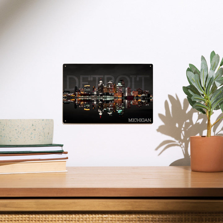 Detroit, Michigan, City at Night, Lantern Press Photography, Wood Signs and Postcards - Lantern Press