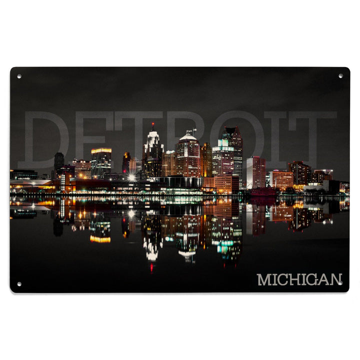 Detroit, Michigan, City at Night, Lantern Press Photography, Wood Signs and Postcards - Lantern Press