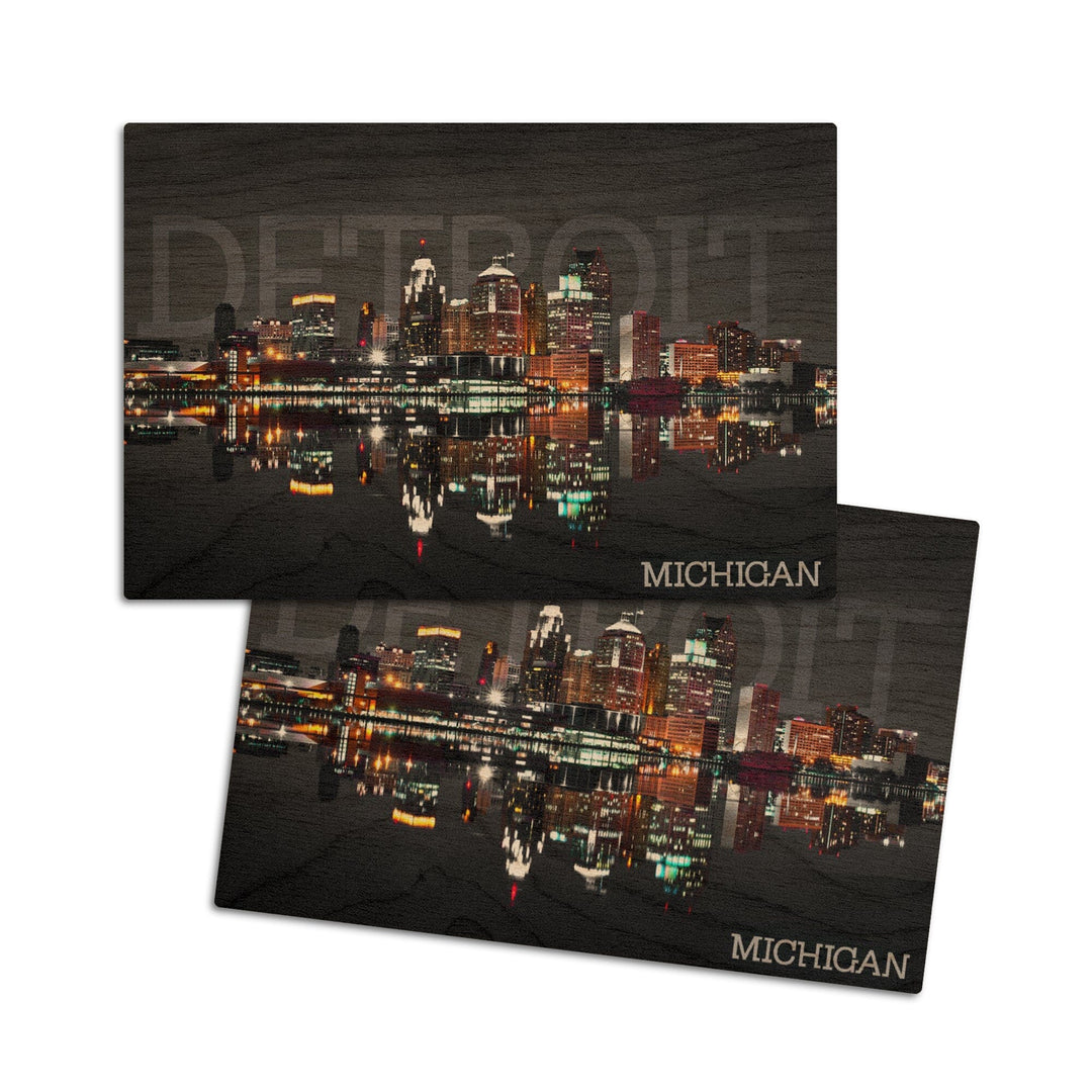 Detroit, Michigan, City at Night, Lantern Press Photography, Wood Signs and Postcards - Lantern Press