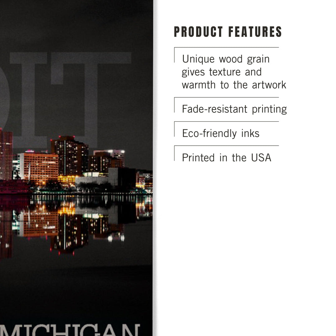 Detroit, Michigan, City at Night, Lantern Press Photography, Wood Signs and Postcards - Lantern Press