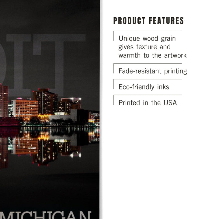 Detroit, Michigan, City at Night, Lantern Press Photography, Wood Signs and Postcards - Lantern Press