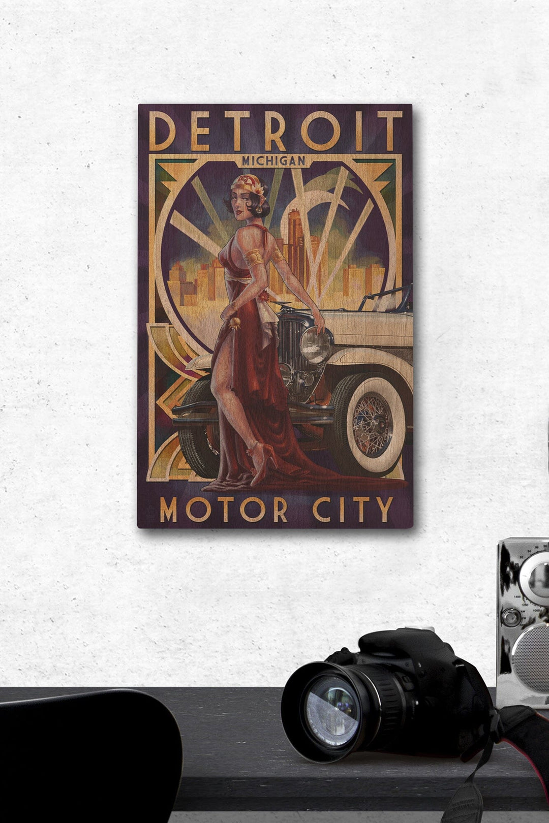 Detroit, Michigan, Deco Woman & Car, Lantern Press Artwork, Wood Signs and Postcards - Lantern Press