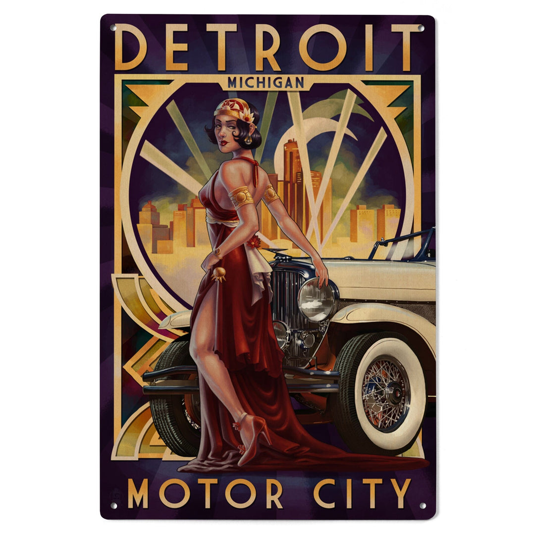 Detroit, Michigan, Deco Woman & Car, Lantern Press Artwork, Wood Signs and Postcards - Lantern Press