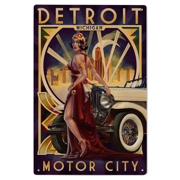 Detroit, Michigan, Deco Woman & Car, Lantern Press Artwork, Wood Signs and Postcards - Lantern Press
