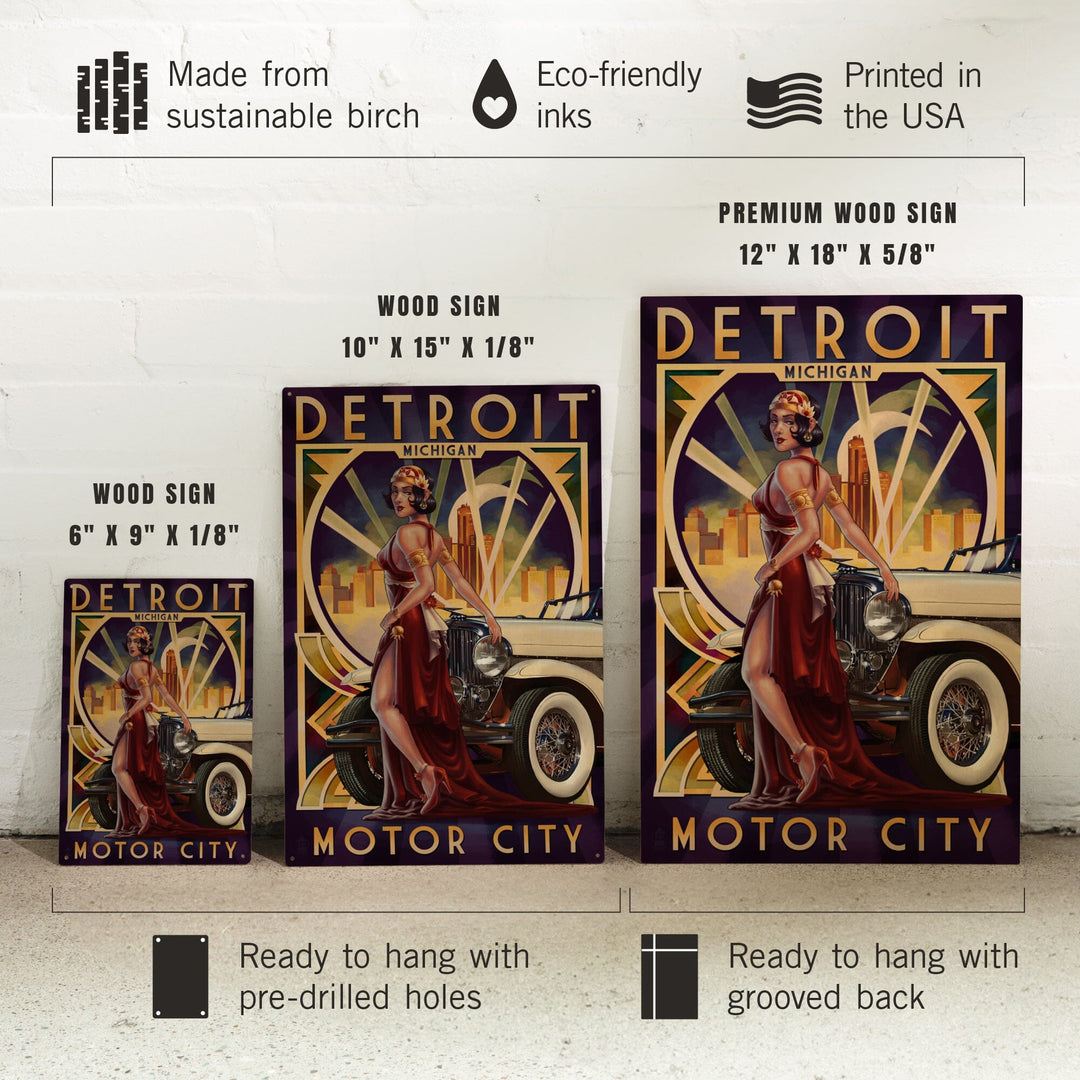 Detroit, Michigan, Deco Woman & Car, Lantern Press Artwork, Wood Signs and Postcards - Lantern Press