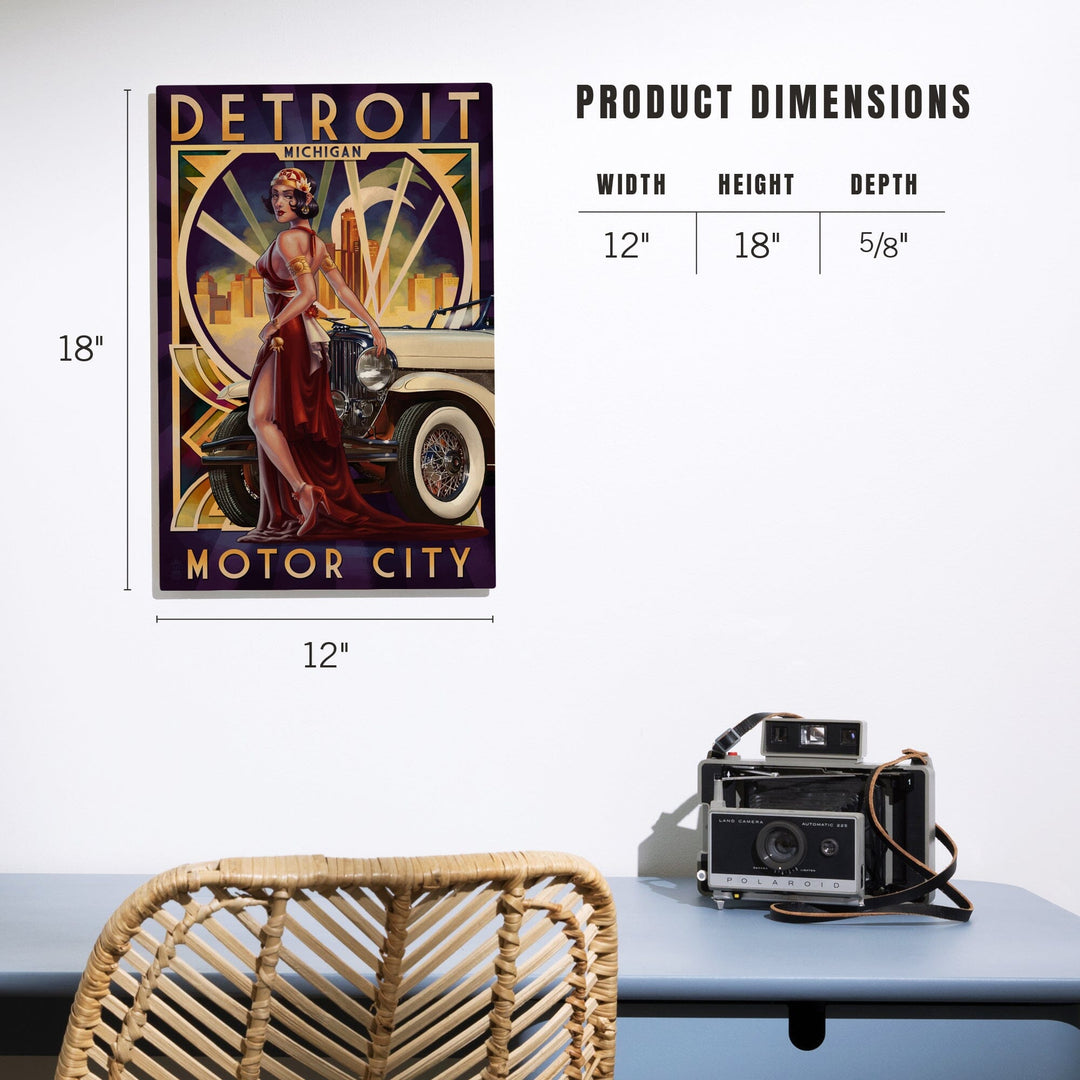 Detroit, Michigan, Deco Woman & Car, Lantern Press Artwork, Wood Signs and Postcards - Lantern Press